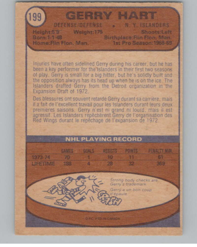 1974-75 O-Pee-Chee #199 Gerry Hart  New York Islanders  V103681 Image 2