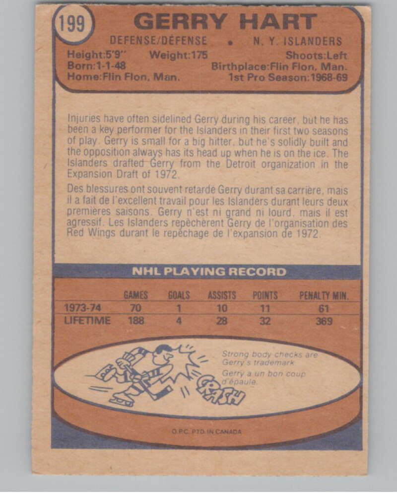 1974-75 O-Pee-Chee #199 Gerry Hart  New York Islanders  V103682 Image 2