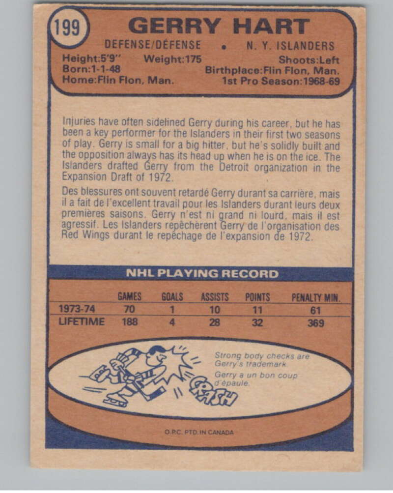 1974-75 O-Pee-Chee #199 Gerry Hart  New York Islanders  V103683 Image 2