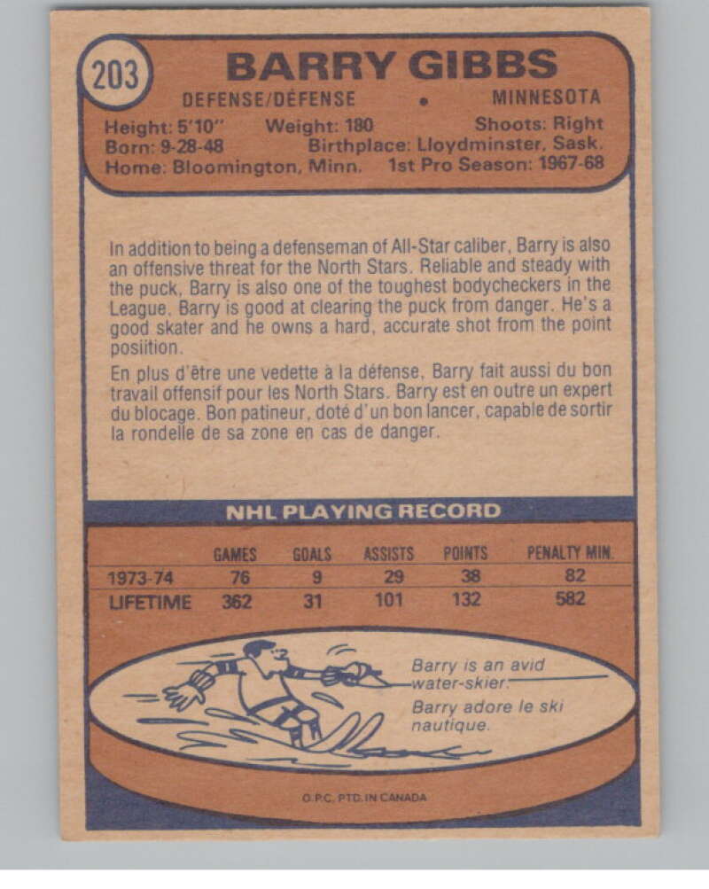 1974-75 O-Pee-Chee #203 Barry Gibbs  Minnesota North Stars  V103686 Image 2
