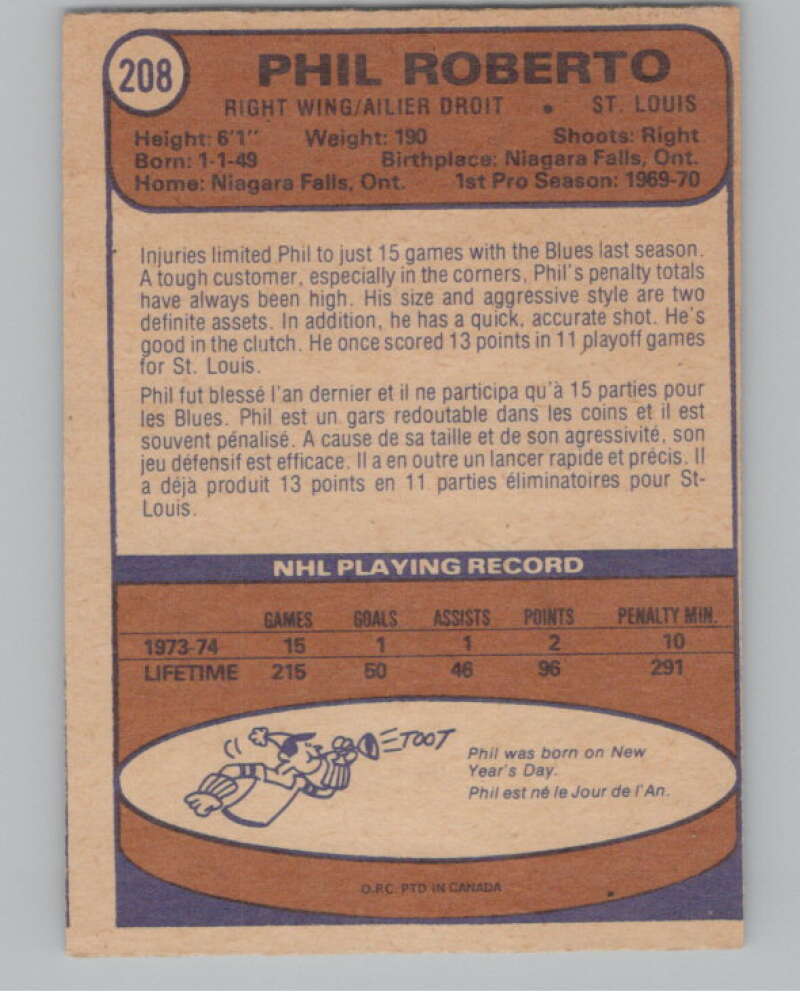 1974-75 O-Pee-Chee #208 Phil Roberto  St. Louis Blues  V103690 Image 2
