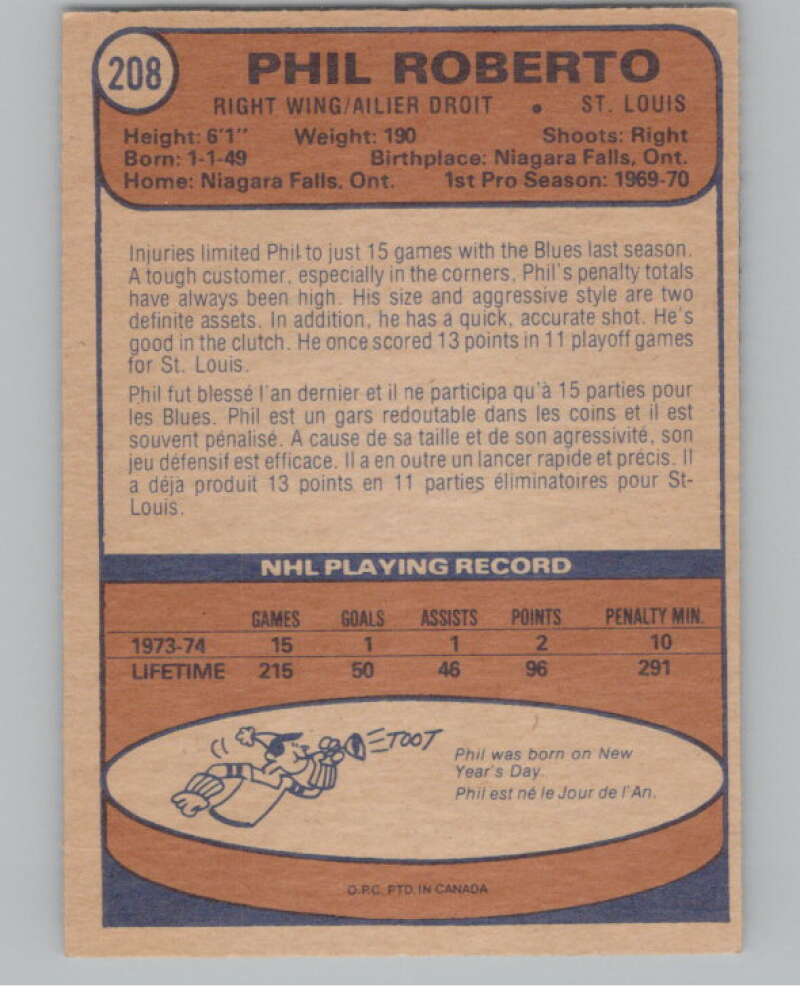 1974-75 O-Pee-Chee #208 Phil Roberto  St. Louis Blues  V103691 Image 2