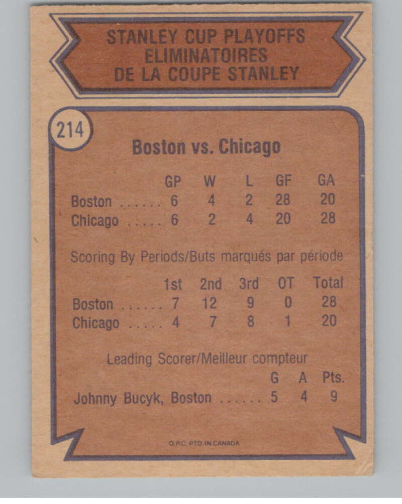 1974-75 O-Pee-Chee #214 Semifinals Bruins over Blackhawks  V103694 Image 2