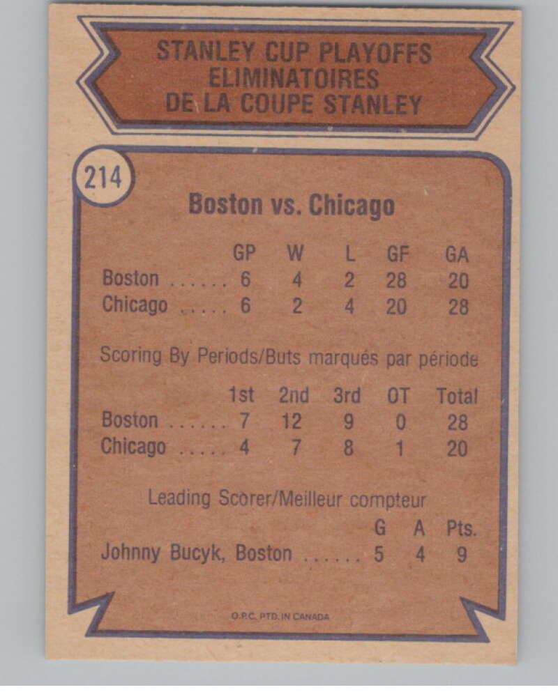 1974-75 O-Pee-Chee #214 Semifinals Bruins over Blackhawks  V103696 Image 2