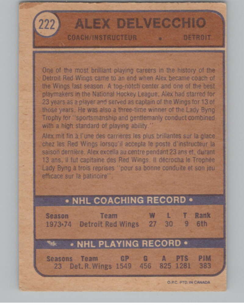 1974-75 O-Pee-Chee #222 Alex Delvecchio CO  Detroit Red Wings  V103702 Image 2