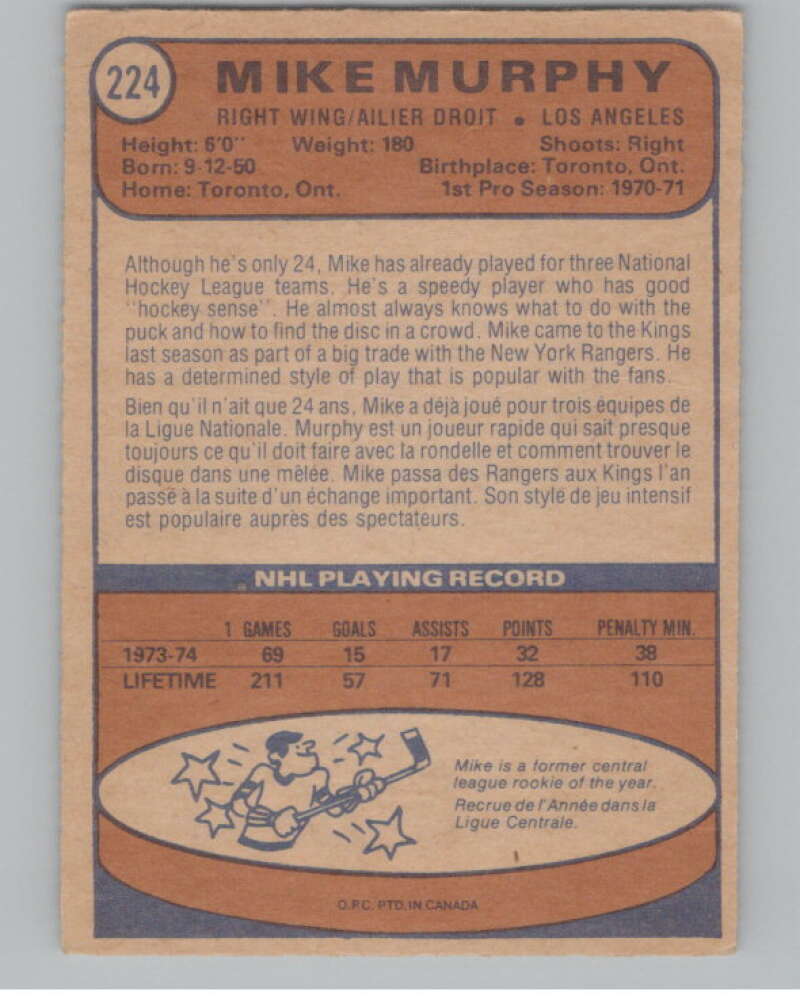 1974-75 O-Pee-Chee #224 Mike Murphy  Los Angeles Kings  V103705 Image 2