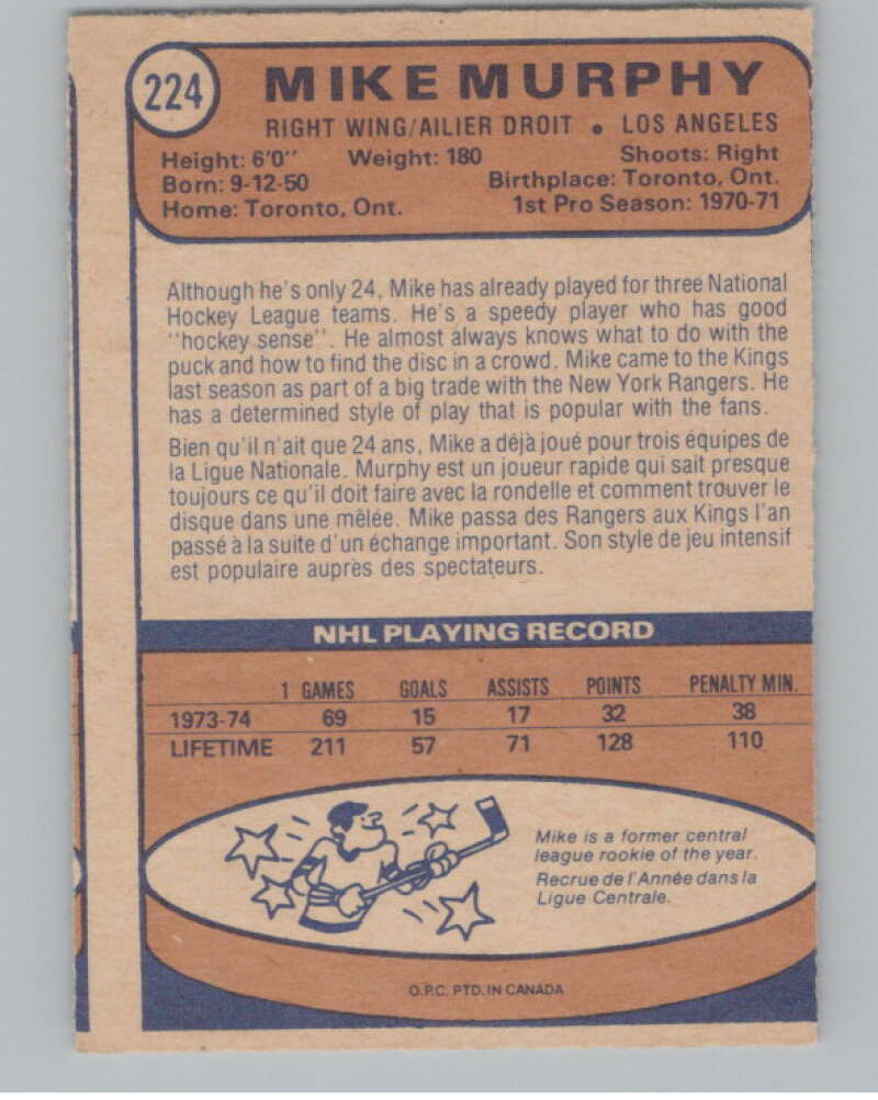 1974-75 O-Pee-Chee #224 Mike Murphy  Los Angeles Kings  V103706 Image 2