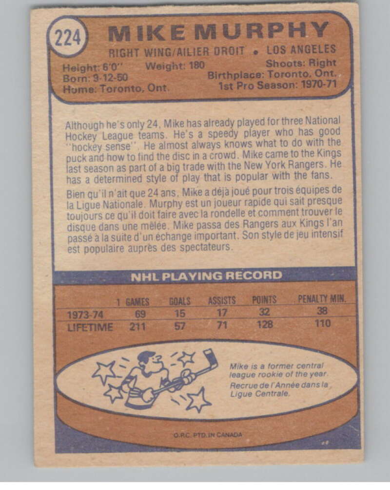 1974-75 O-Pee-Chee #224 Mike Murphy  Los Angeles Kings  V103707 Image 2