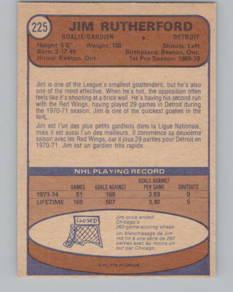 1974-75 O-Pee-Chee #225 Jim Rutherford  Detroit Red Wings  V103708 Image 2