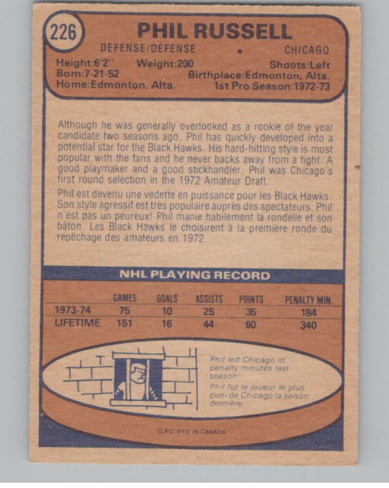 1974-75 O-Pee-Chee #226 Phil Russell  Chicago Blackhawks  V103709 Image 2