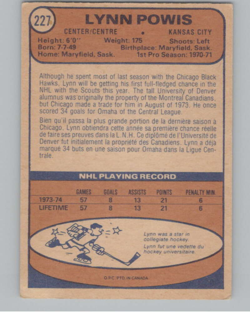 1974-75 O-Pee-Chee #227 Lynn Powis  Kansas City Scouts  V103710 Image 2