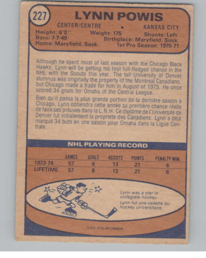 1974-75 O-Pee-Chee #227 Lynn Powis  Kansas City Scouts  V103711 Image 2