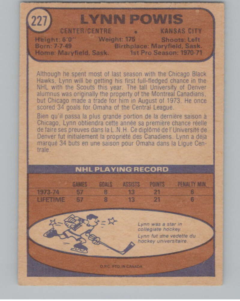 1974-75 O-Pee-Chee #227 Lynn Powis  Kansas City Scouts  V103712 Image 2