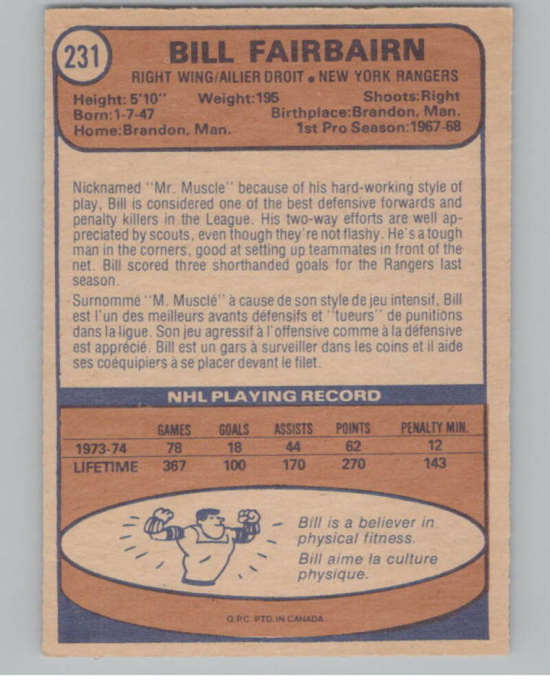 1974-75 O-Pee-Chee #231 Bill Fairbairn  New York Rangers  V103716 Image 2