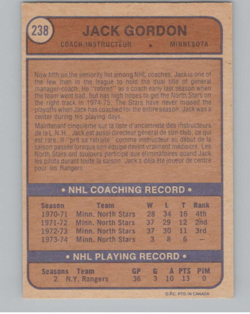 1974-75 O-Pee-Chee #238 Jack Gordon CO  RC Rookie North Stars  V103723 Image 2