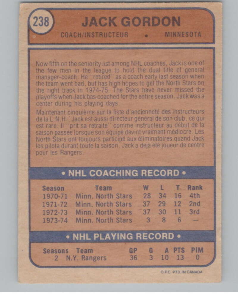 1974-75 O-Pee-Chee #238 Jack Gordon CO  RC Rookie North Stars  V103725 Image 2