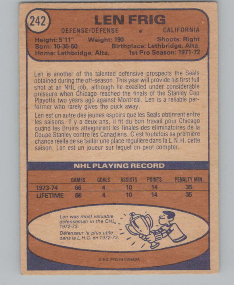 1974-75 O-Pee-Chee #242 Len Frig  RC Rookie California Golden Seals  V103727 Image 2