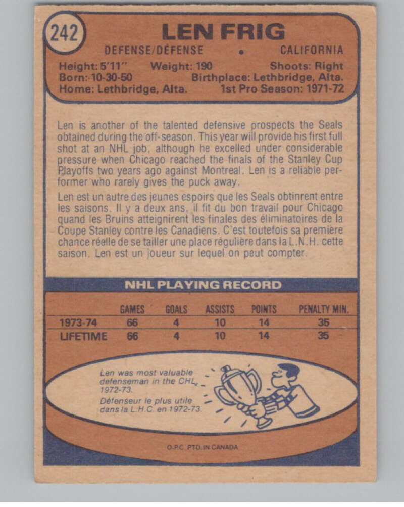 1974-75 O-Pee-Chee #242 Len Frig  RC Rookie California Golden Seals  V103728 Image 2