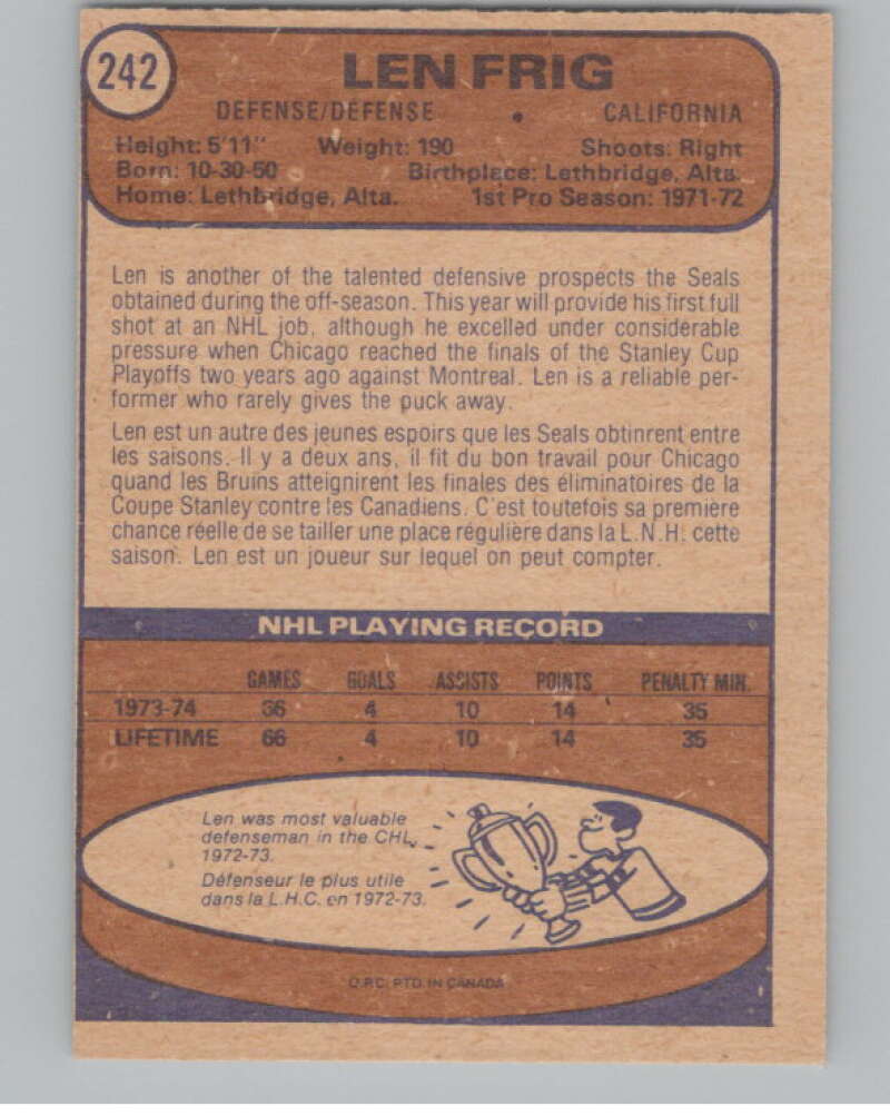 1974-75 O-Pee-Chee #242 Len Frig  RC Rookie California Golden Seals  V103729 Image 2