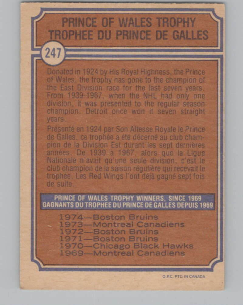 1974-75 O-Pee-Chee #247 Boston Bruins Prince of Wales Trophy  V103734 Image 2