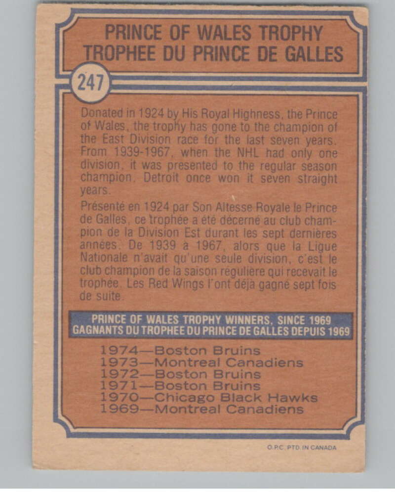 1974-75 O-Pee-Chee #247 Boston Bruins Prince of Wales Trophy  V103735 Image 2