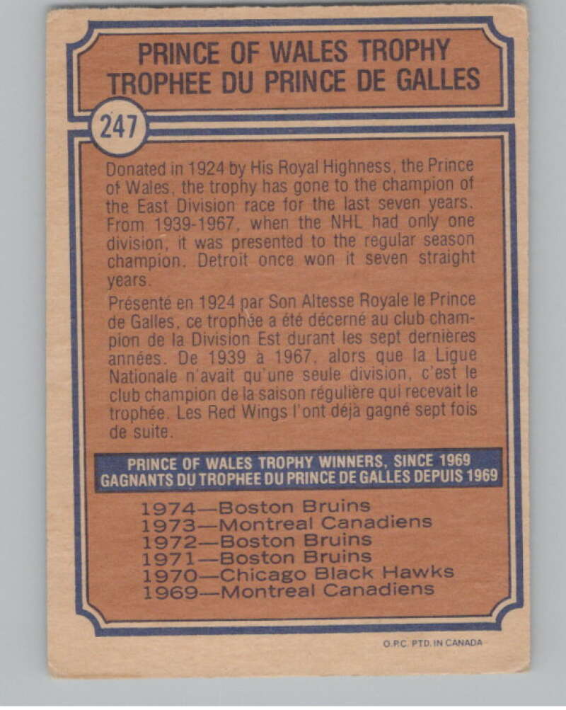 1974-75 O-Pee-Chee #247 Boston Bruins Prince of Wales Trophy  V103736 Image 2
