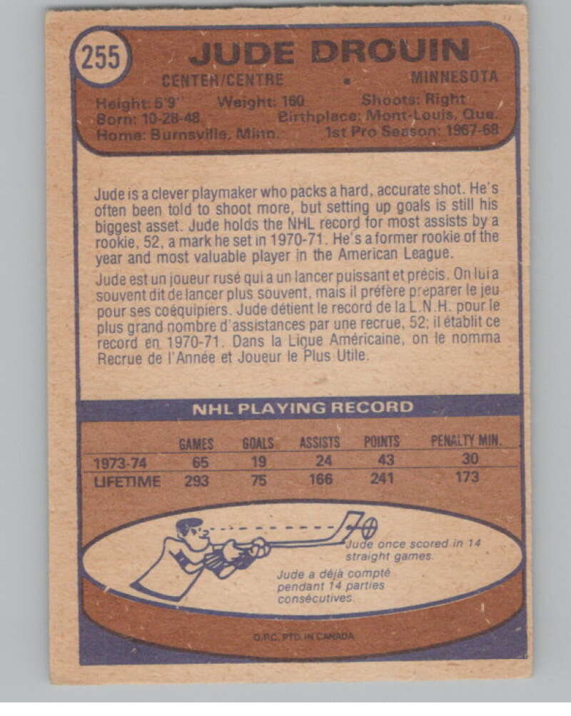 1974-75 O-Pee-Chee #255 Jude Drouin  Minnesota North Stars  V103742 Image 2