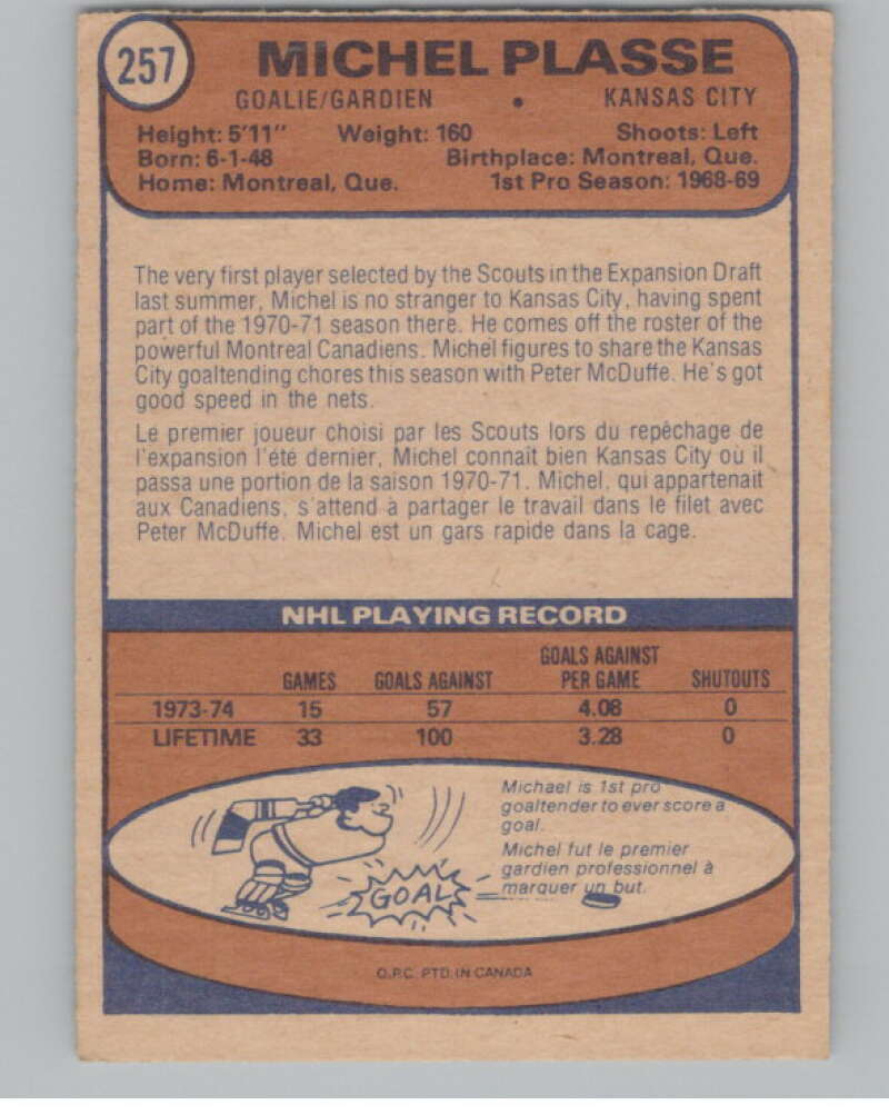 1974-75 O-Pee-Chee #257 Michel Plasse  Kansas City Scouts  V103743 Image 2