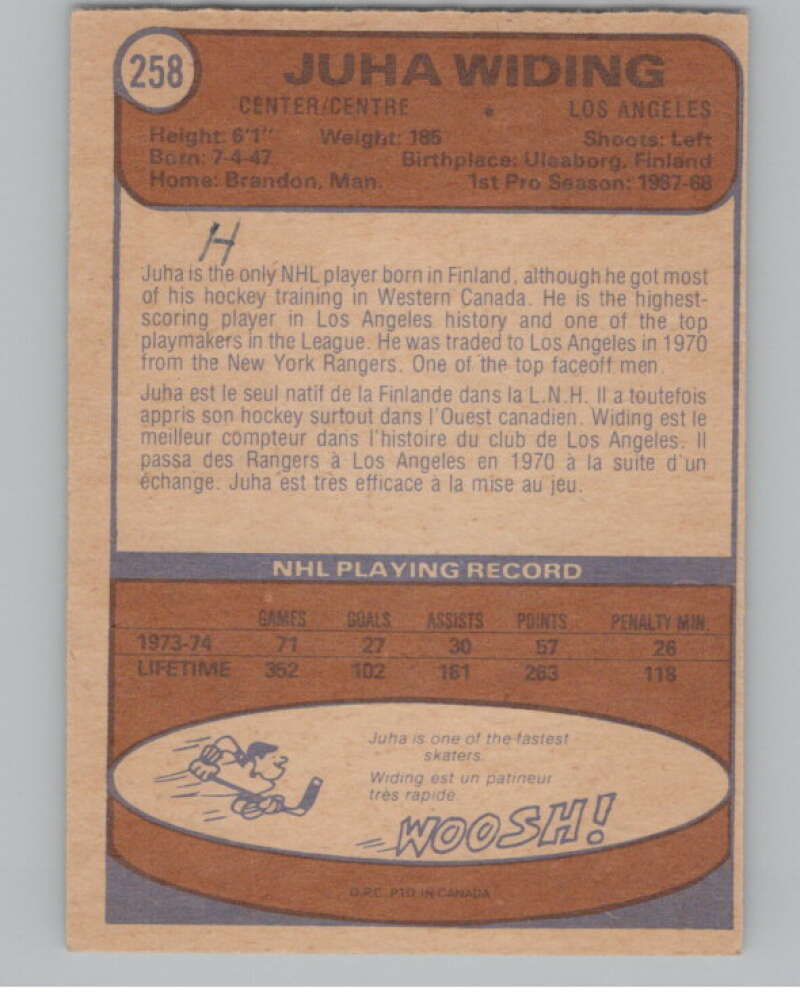 1974-75 O-Pee-Chee #258 Juha Widing  Los Angeles Kings  V103744 Image 2