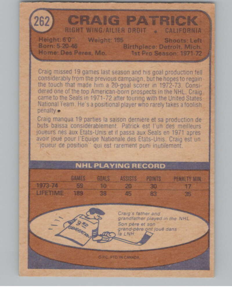 1974-75 O-Pee-Chee #262 Craig Patrick  California Golden Seals  V103747 Image 2