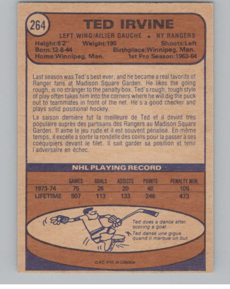 1974-75 O-Pee-Chee #264 Ted Irvine  New York Rangers  V103752 Image 2