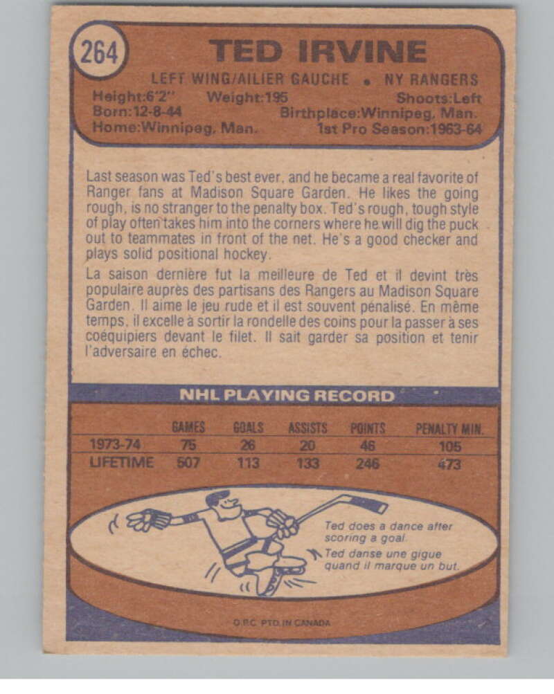 1974-75 O-Pee-Chee #264 Ted Irvine  New York Rangers  V103753 Image 2