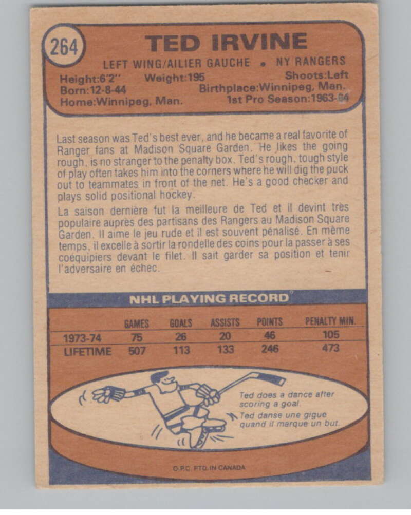 1974-75 O-Pee-Chee #264 Ted Irvine  New York Rangers  V103754 Image 2