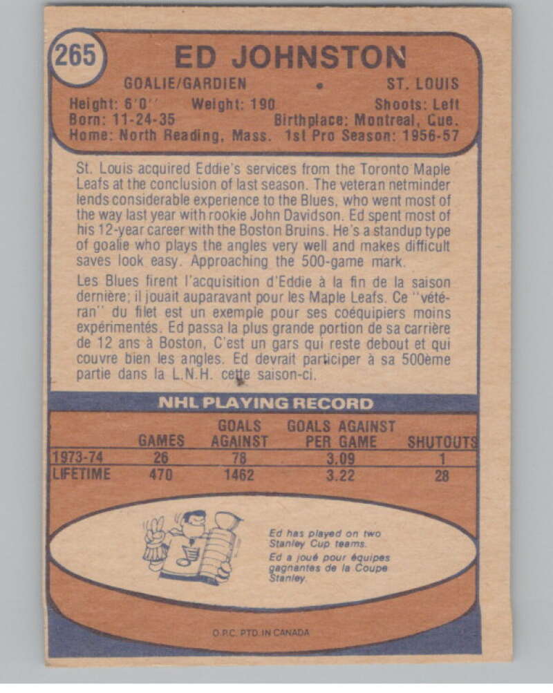 1974-75 O-Pee-Chee #265 Thommie Bergman  St. Louis Blues  V103755 Image 2