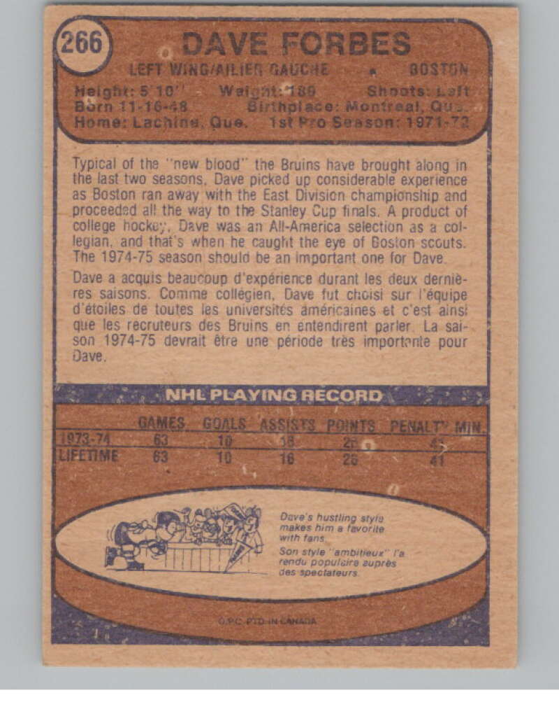 1974-75 O-Pee-Chee #266 Dave Forbes  RC Rookie Boston Bruins  V103756 Image 2