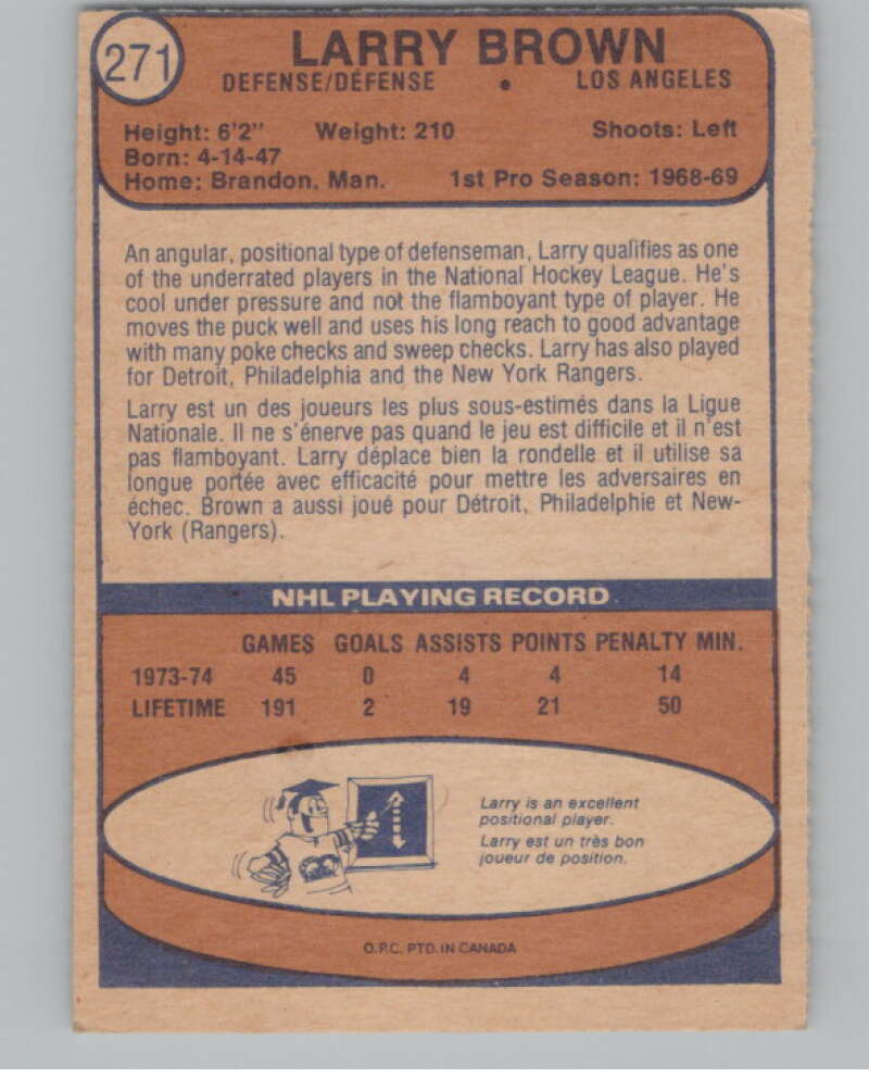 1974-75 O-Pee-Chee #271 Larry Brown  RC Rookie Los Angeles Kings  V103759 Image 2