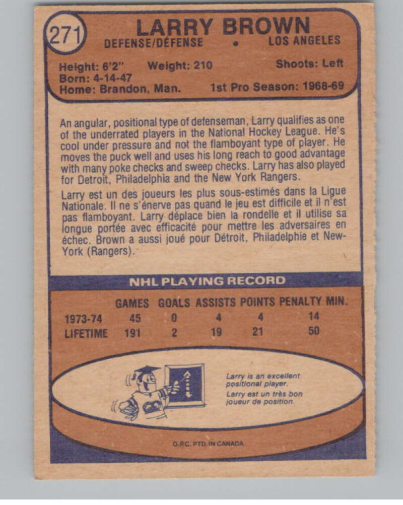 1974-75 O-Pee-Chee #271 Larry Brown  RC Rookie Los Angeles Kings  V103760 Image 2