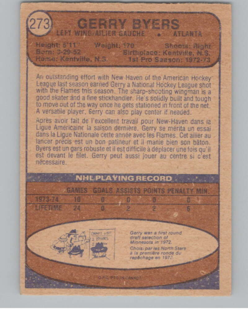 1974-75 O-Pee-Chee #273 Jerry Byers  RC Rookie Atlanta Flames  V103761 Image 2