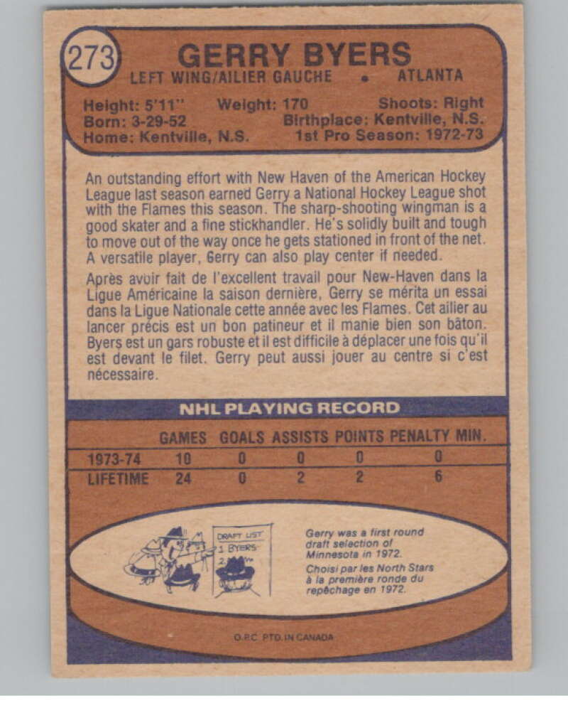 1974-75 O-Pee-Chee #273 Jerry Byers  RC Rookie Atlanta Flames  V103762 Image 2