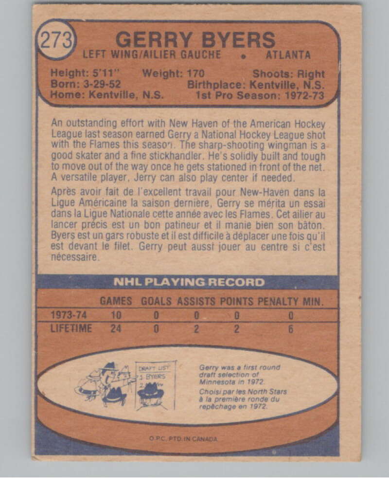 1974-75 O-Pee-Chee #273 Jerry Byers  RC Rookie Atlanta Flames  V103763 Image 2