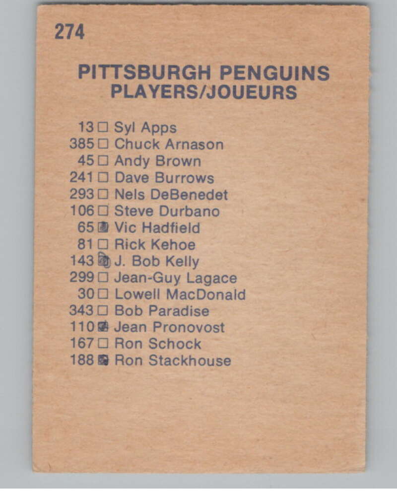 1974-75 O-Pee-Chee #274 Pittsburgh Penguins TC  Pittsburgh Penguins  V103764 Image 2