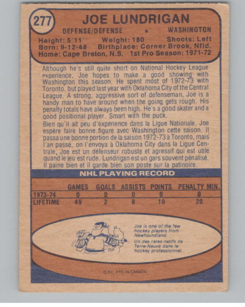 1974-75 O-Pee-Chee #277 Joe Lundrigan RC Rookie  Capitals  V103766 Image 2