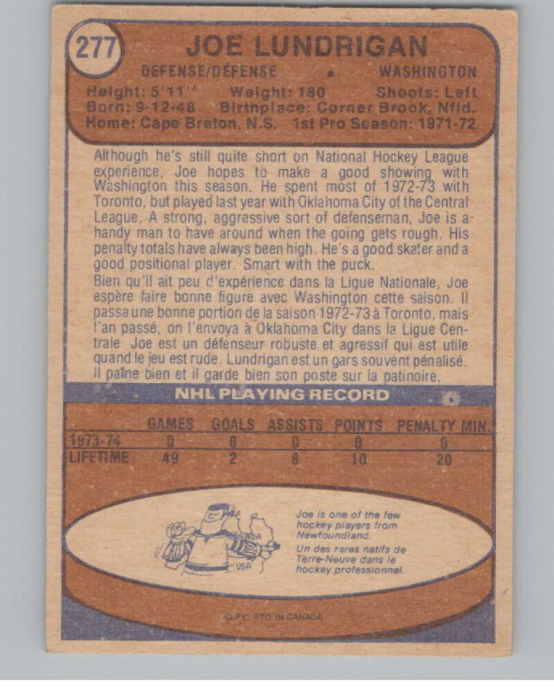 1974-75 O-Pee-Chee #277 Joe Lundrigan RC Rookie  Capitals  V103767 Image 2