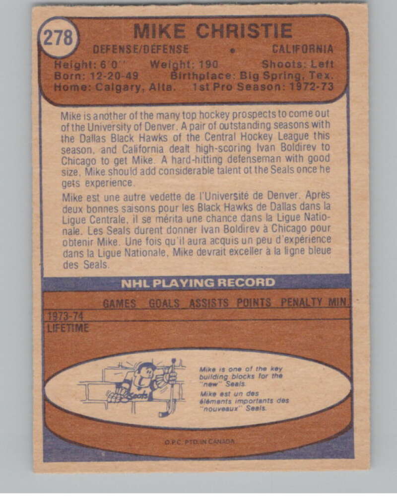 1974-75 O-Pee-Chee #278 Mike Christie  RC Rookie Golden Seals  V103769 Image 2
