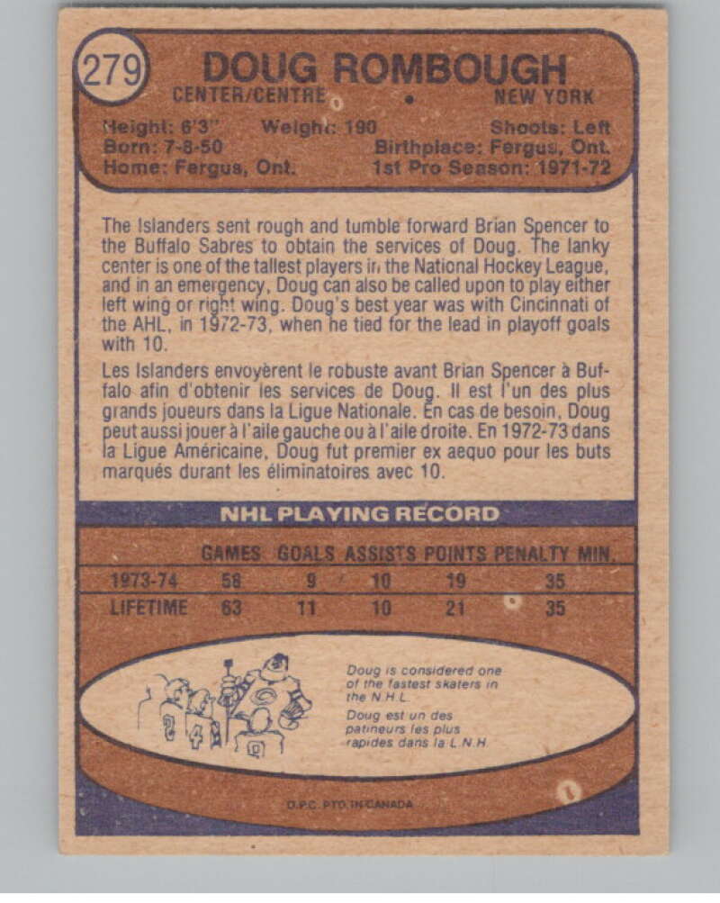 1974-75 O-Pee-Chee #279 Doug Rombough  RC Rookie New York  V103770 Image 2