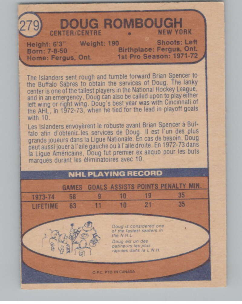 1974-75 O-Pee-Chee #279 Doug Rombough  RC Rookie New York  V103771 Image 2