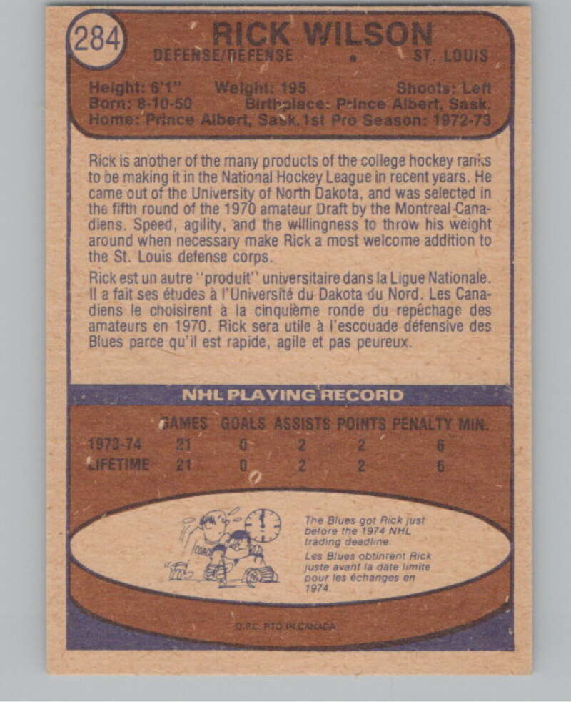 1974-75 O-Pee-Chee #284 Rick Wilson  RC Rookie St. Louis Blues  V103773 Image 2