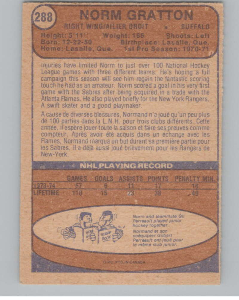 1974-75 O-Pee-Chee #288 Norm Gratton  RC Rookie Buffalo Sabres  V103775 Image 2