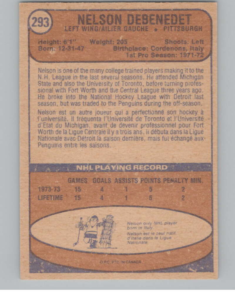 1974-75 O-Pee-Chee #293 Nelson DeBenedet  RC Rookie Penguins  V103777 Image 2