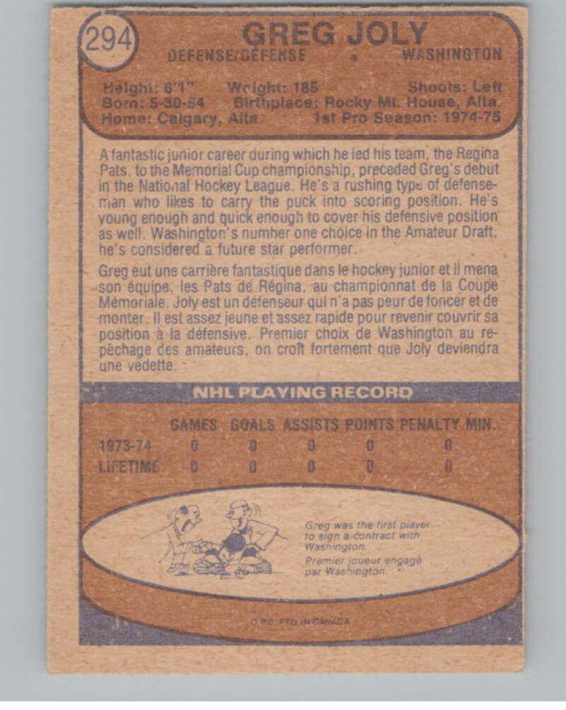1974-75 O-Pee-Chee #294 Greg Joly  RC Rookie Washington Capitals  V103780 Image 2